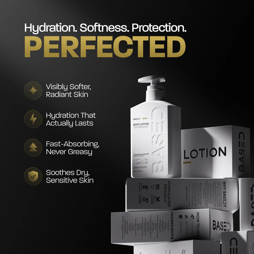 BASED Body Lotion with Ceramides - Santal Scent Men's Hydrating Moisturizer - Fast Absorbing Non Greasy Formula - Softens Dry Skin - Formulated & Filled in USA (13.5 Fl Oz, Pack of 1)