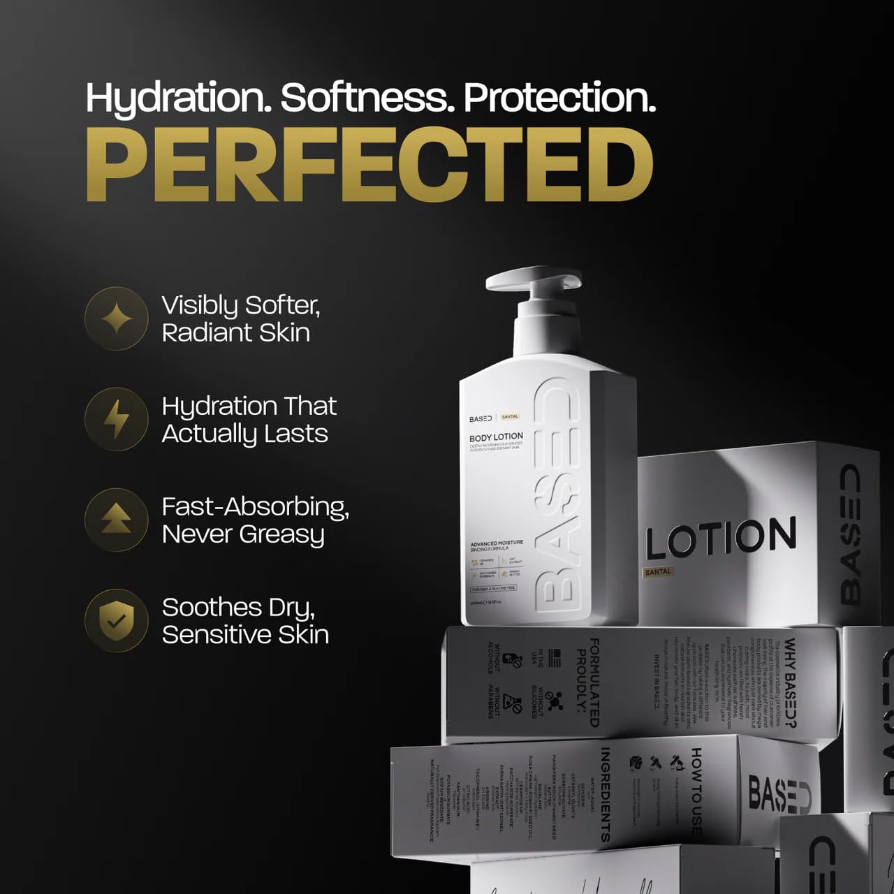 BASED Body Lotion with Ceramides - Santal Scent Men's Hydrating Moisturizer - Fast Absorbing Non Greasy Formula - Softens Dry Skin - Formulated & Filled in USA (13.5 Fl Oz, Pack of 1)