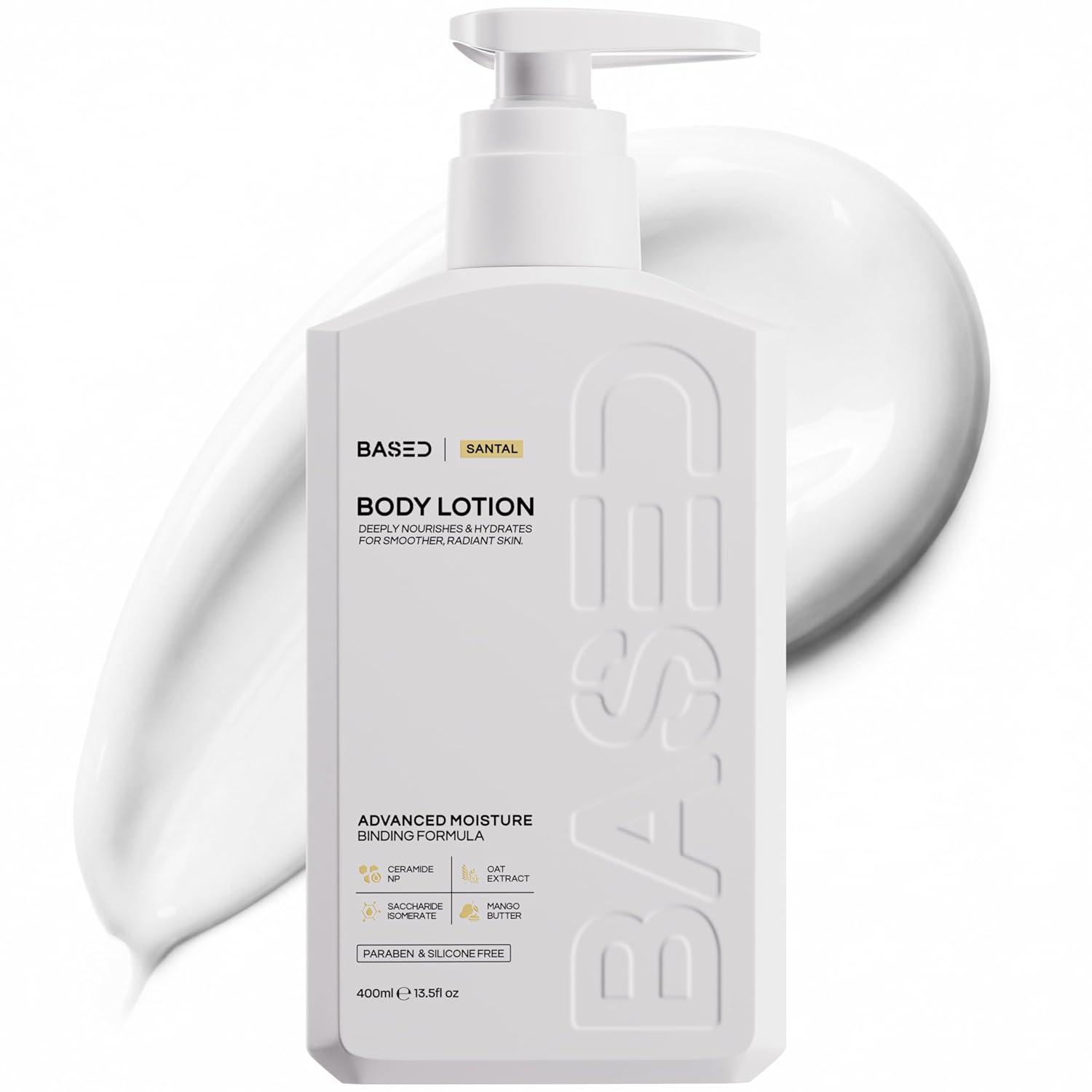BASED Body Lotion with Ceramides - Santal Scent Men's Hydrating Moisturizer - Fast Absorbing Non Greasy Formula - Softens Dry Skin - Formulated & Filled in USA (13.5 Fl Oz, Pack of 1)