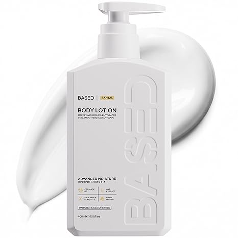 BASED Body Lotion with Ceramides - Santal Scent Men's Hydrating Moisturizer - Fast Absorbing Non Greasy Formula - Softens Dry Skin - Formulated & Filled in USA (13.5 Fl Oz, Pack of 1)